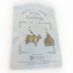 Danforth Pewterers Cow Barn Dangle Pewter Earrings 1991 Handcrafted Signed